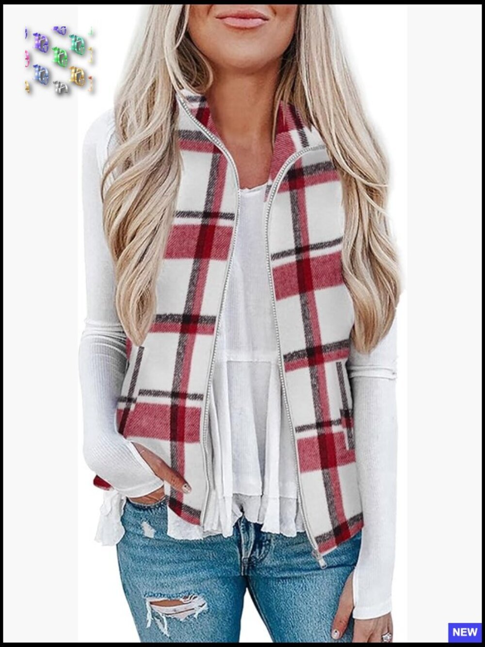 Plaid Outerwear Vest Zip Up Collared Sleeveless Jacket with Pockets Chic Casual